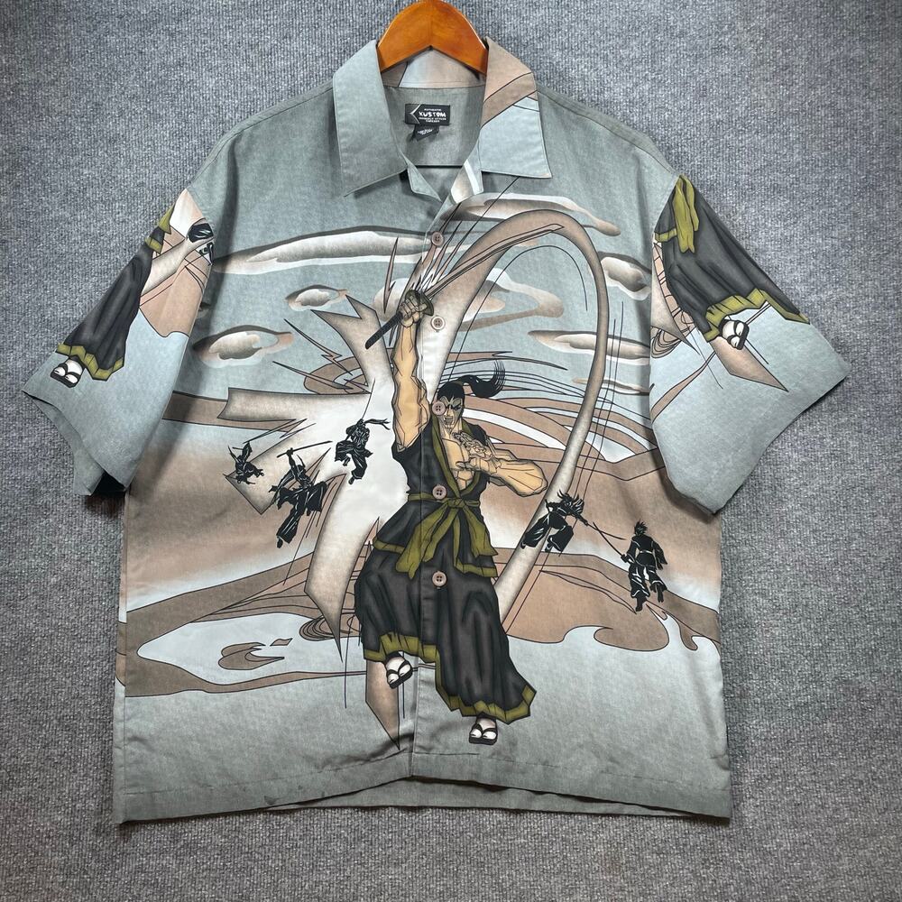 Kustom Styled Threads Button Up Shirt Men's XL Blue Ninja Hentai Graphic Anime